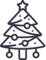 A black outline of a Christmas tree that's fully decorated.