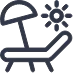A black outline of a sunbed with an umbrella on it, there is an outline of the sun above it.
