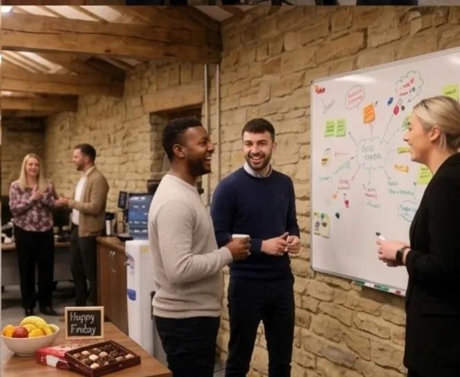 Three people are stood around a whiteboard talking at the Parallel Partnerships office.