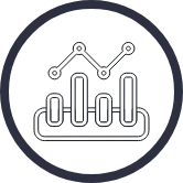 a black outline of a circle that contains a white outline of a line graph and a white outline of a bar chart under it.