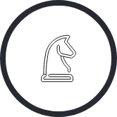 A black outline of a circle that contains a white outline of the knight chess piece.