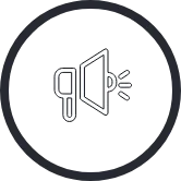A black outline of a circle that contains a white outline of a megaphone.