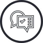A black outline of a circle with a white outline of a speech bubble and a square speech bubble within it.