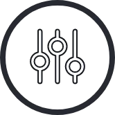 A black outline of a circle with a white outline of three sliders within it.