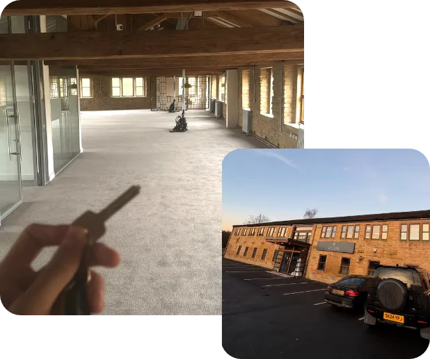 The interior and exterior of the Parallel Partnerships office before it was furnished. This image is made up of two rounded squares, one on the left, which is big, and another on the right, which half the size. The big image is the interior and the small one is the exterior.
