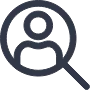 A black outline of a magnifying glass that contains a outline of a person.